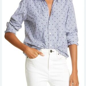 GAP Women's Navy and Gray Striped Cotton Button-Down Shirt